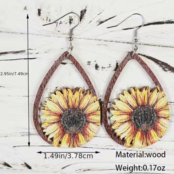 Boutique Lightweight Wooden Sunflower Teardrop Sunflower Dangle Earrings - Picture 2 of 3